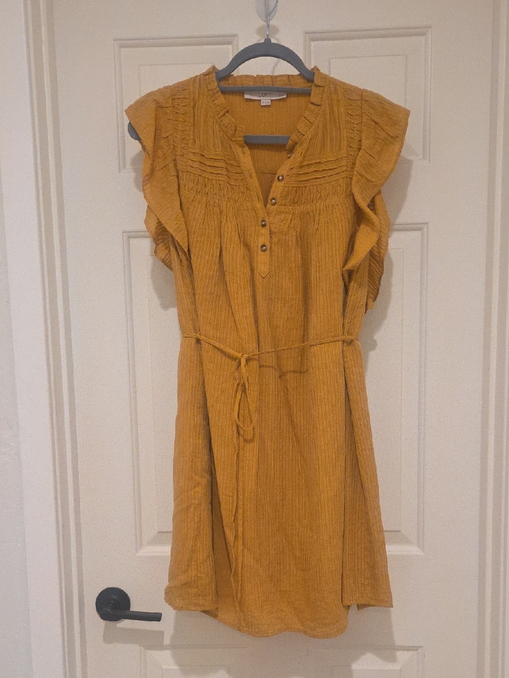 LOFT Mustard Ruffle-Sleeve Tie-Waist Mini Dress